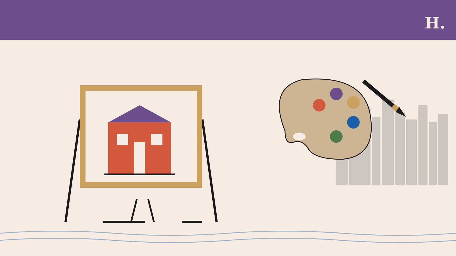 Illustration of painter's palette and framed shotgun house referencing Project Row Houses Third Ward Houston