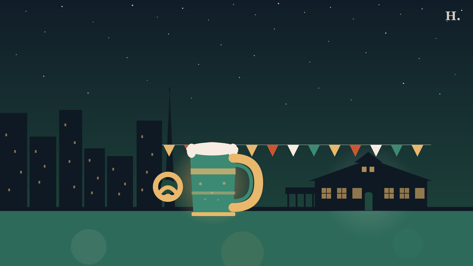 Tomball German Heritage Festival illustration: beer stein, festival pennant flags, and the historic 1907 railroad depot at night