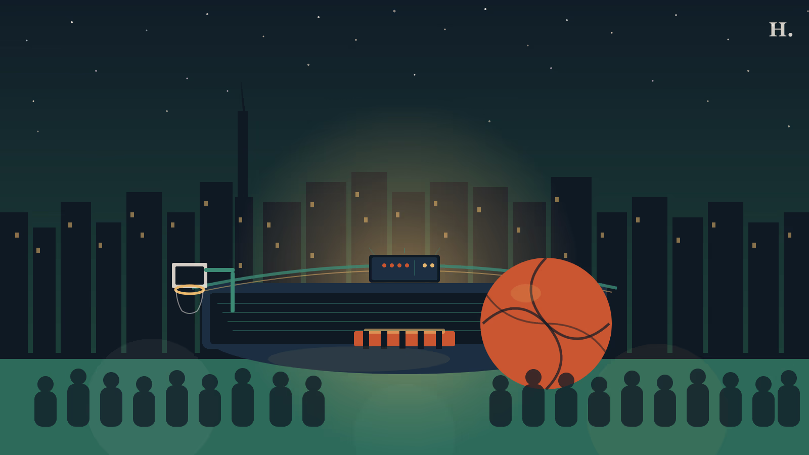Toyota Center Houston arena illustration at night, basketball court, downtown skyline