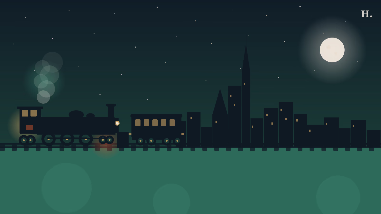 Train rides near Houston illustration: steam locomotive on tracks with Houston skyline at dusk