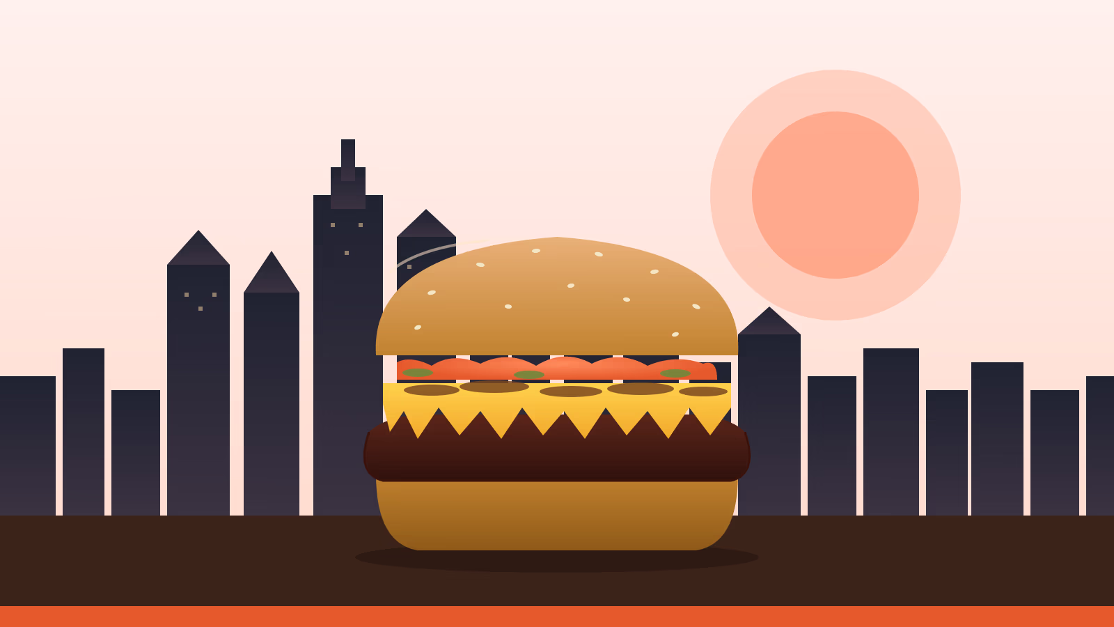 Trill Burgers Houston smash burger illustration with downtown skyline and coral accent