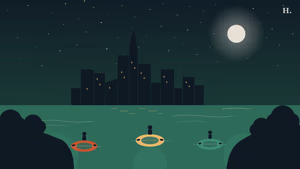 Tubing near Houston illustration: three inner tubes on a spring-fed Texas river under a night sky