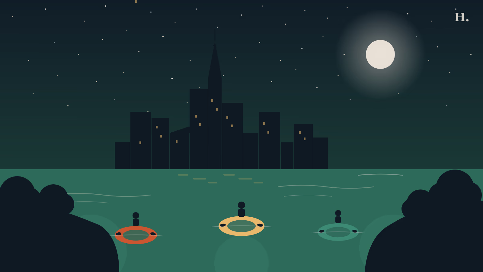 Tubing near Houston illustration: three inner tubes on a spring-fed Texas river under a night sky
