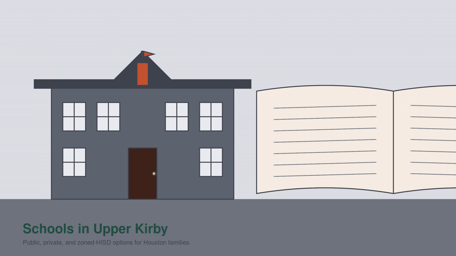 Illustration of a school building and open book for Upper Kirby Houston schools