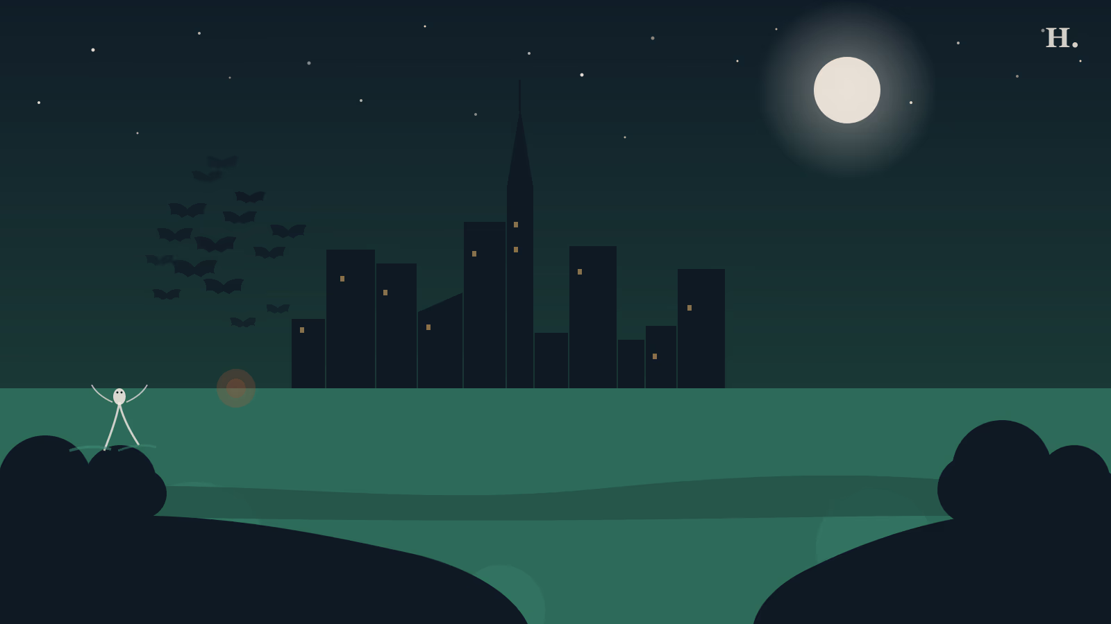 Wildlife Houston illustration: bat colony swirling at dusk over Buffalo Bayou with a heron silhouette and Houston skyline