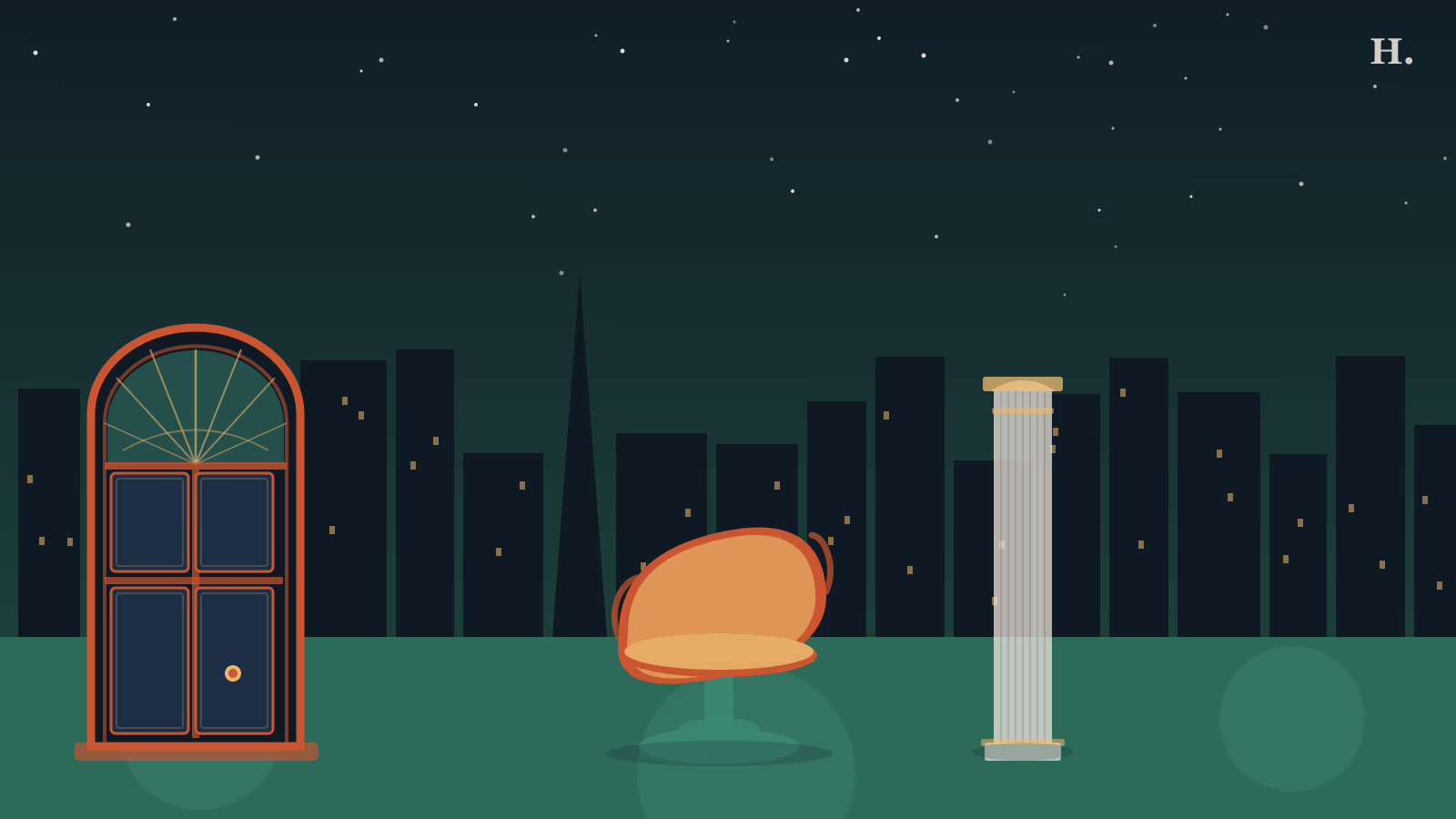 Vintage furniture houston illustration: ornate salvaged arch door, mid-century lounge chair, and column against a Houston night skyline