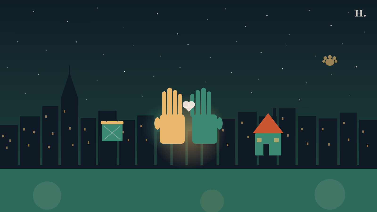 Volunteer opportunities in Houston illustration: two raised helping hands, food box and house frame against Houston night skyline