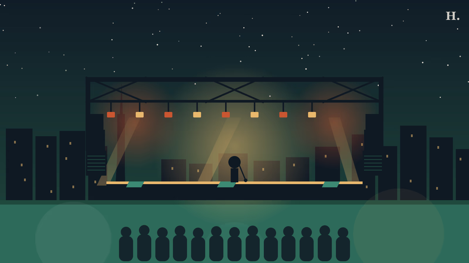 Warehouse Live Houston illustration with concert stage spotlight beams and skyline at night