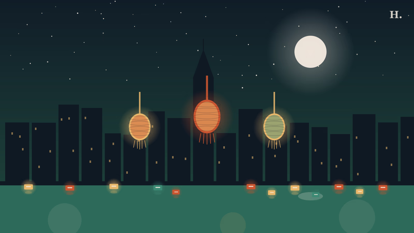 Water lantern festival Houston illustration: glowing paper lanterns floating on a dark lake below the Houston skyline at night