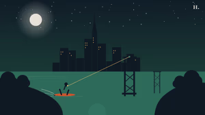 Wakeboarding near Houston illustration: wakeboarder towed by cable tower on a lake with the Houston skyline at night