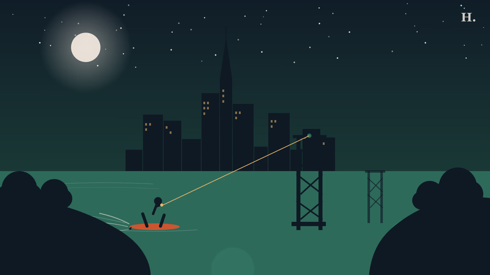 Wakeboarding near Houston illustration: wakeboarder towed by cable tower on a lake with the Houston skyline at night