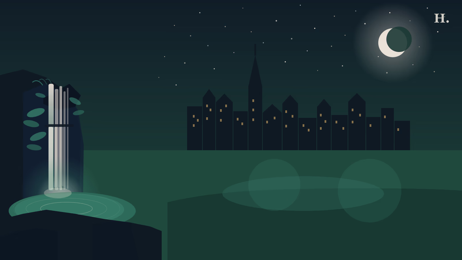 Texas waterfalls near Houston illustration: limestone cascade into teal pool with Houston skyline at night