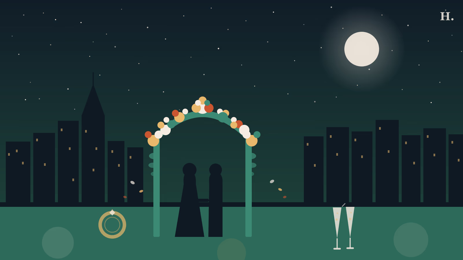 Wedding venues in Houston illustration: floral arch with couple silhouette, champagne flutes and city skyline at night