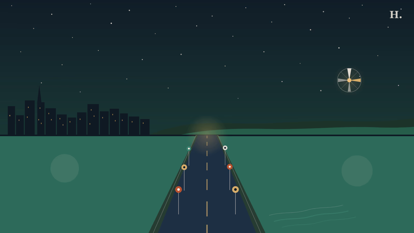 Weekend getaways from Houston illustration: highway road stretching toward Hill Country hills and Gulf Coast horizon at night