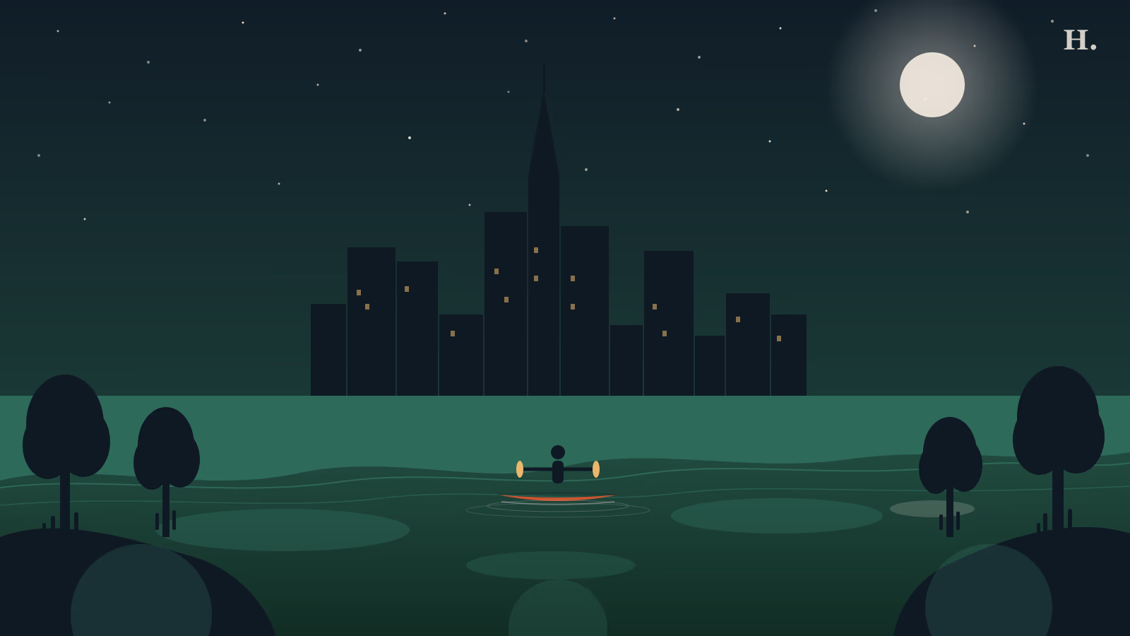 What is a bayou illustration: Houston skyline at night with a winding bayou waterway and cypress trees in the foreground