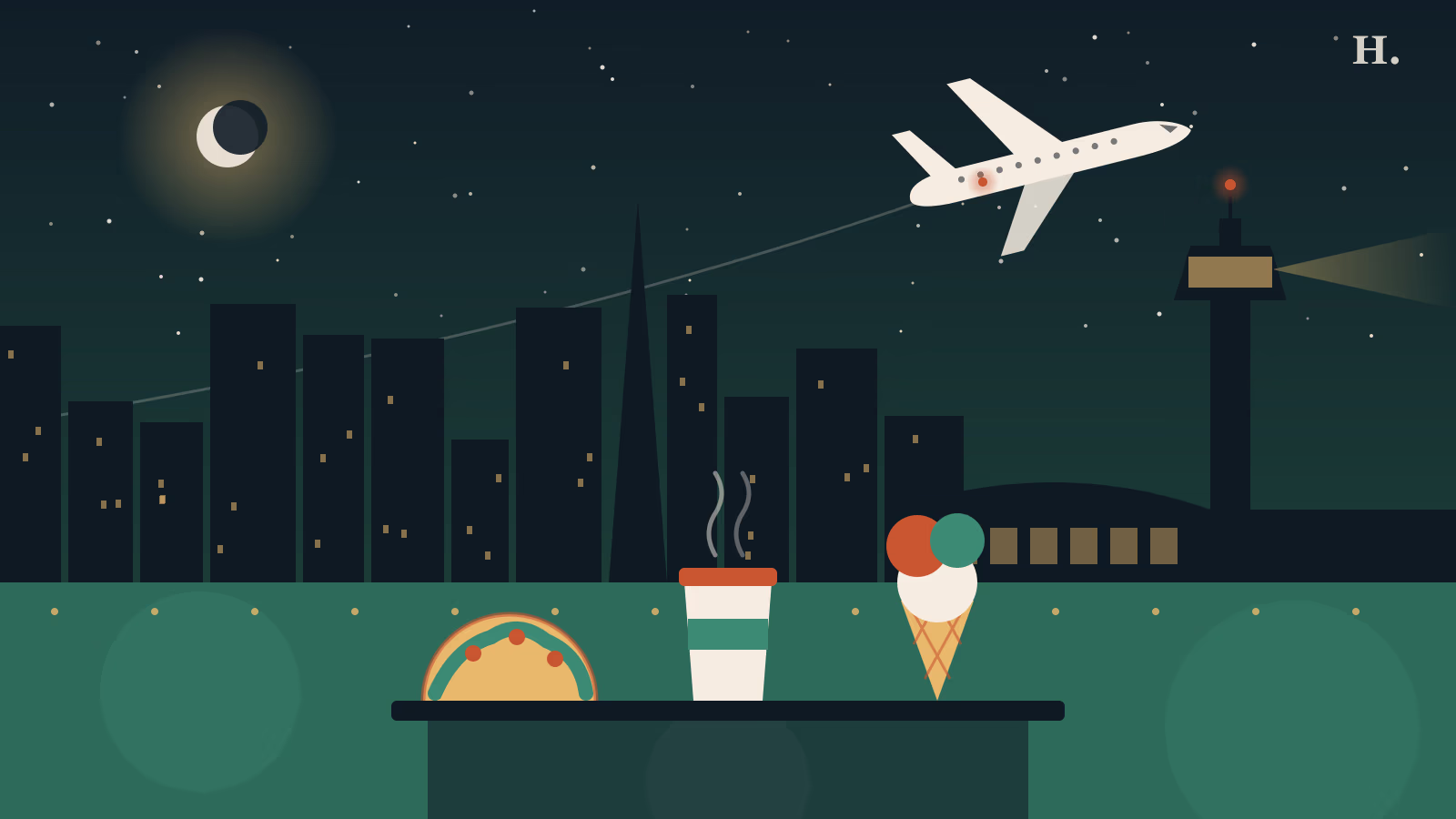 Hobby airport food illustration with taco, coffee and ice cream beneath a departing plane