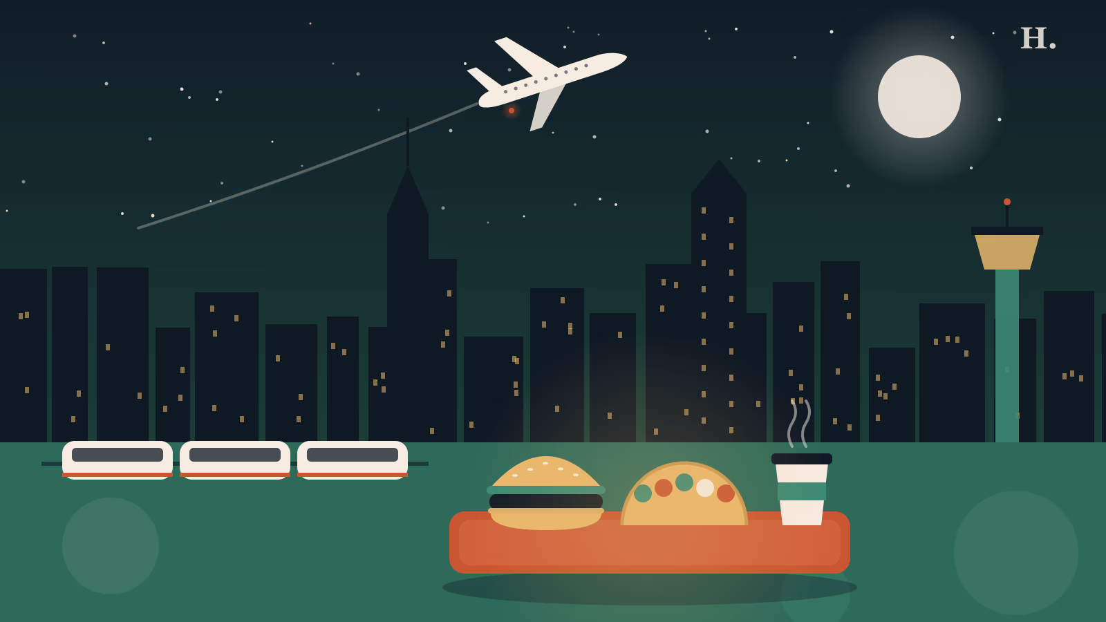 Flat night illustration of IAH food: burger, taco and coffee on a tray beside airport trains