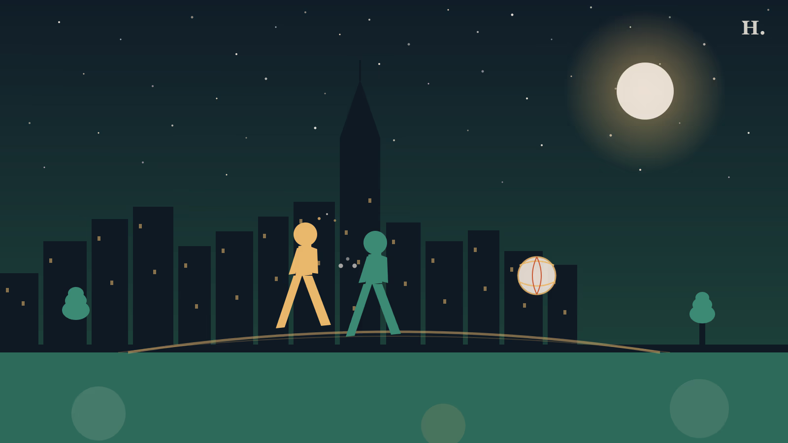 Where to meet people in Houston illustration: two runners silhouetted against the Houston skyline at night with a park path and volleyball