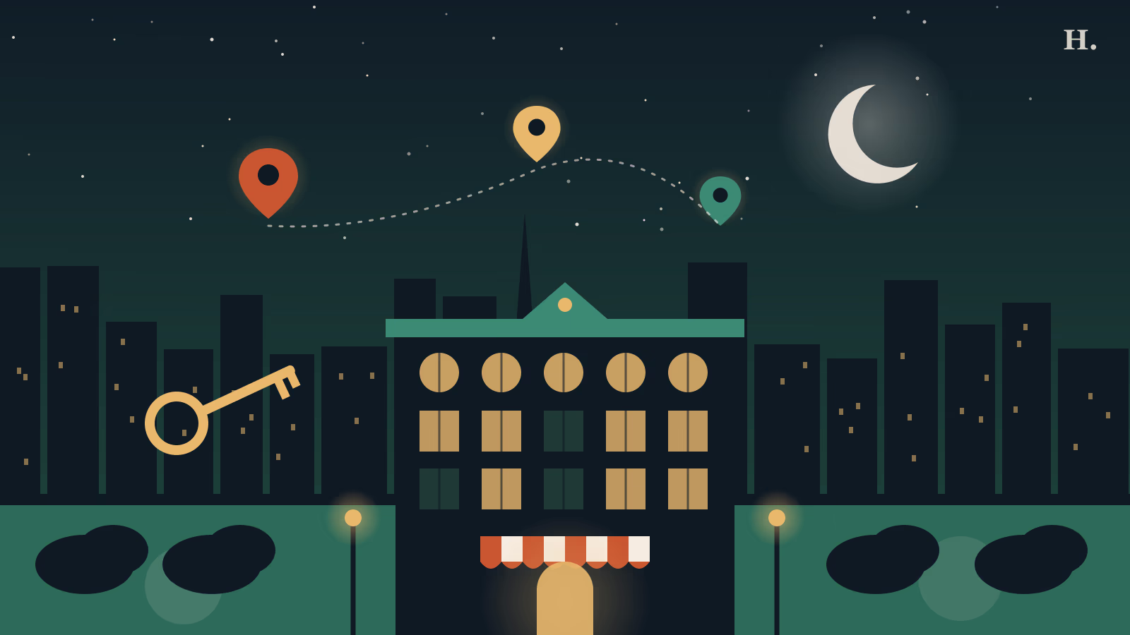 Illustration of a lit boutique hotel and map pins for where to stay in Houston
