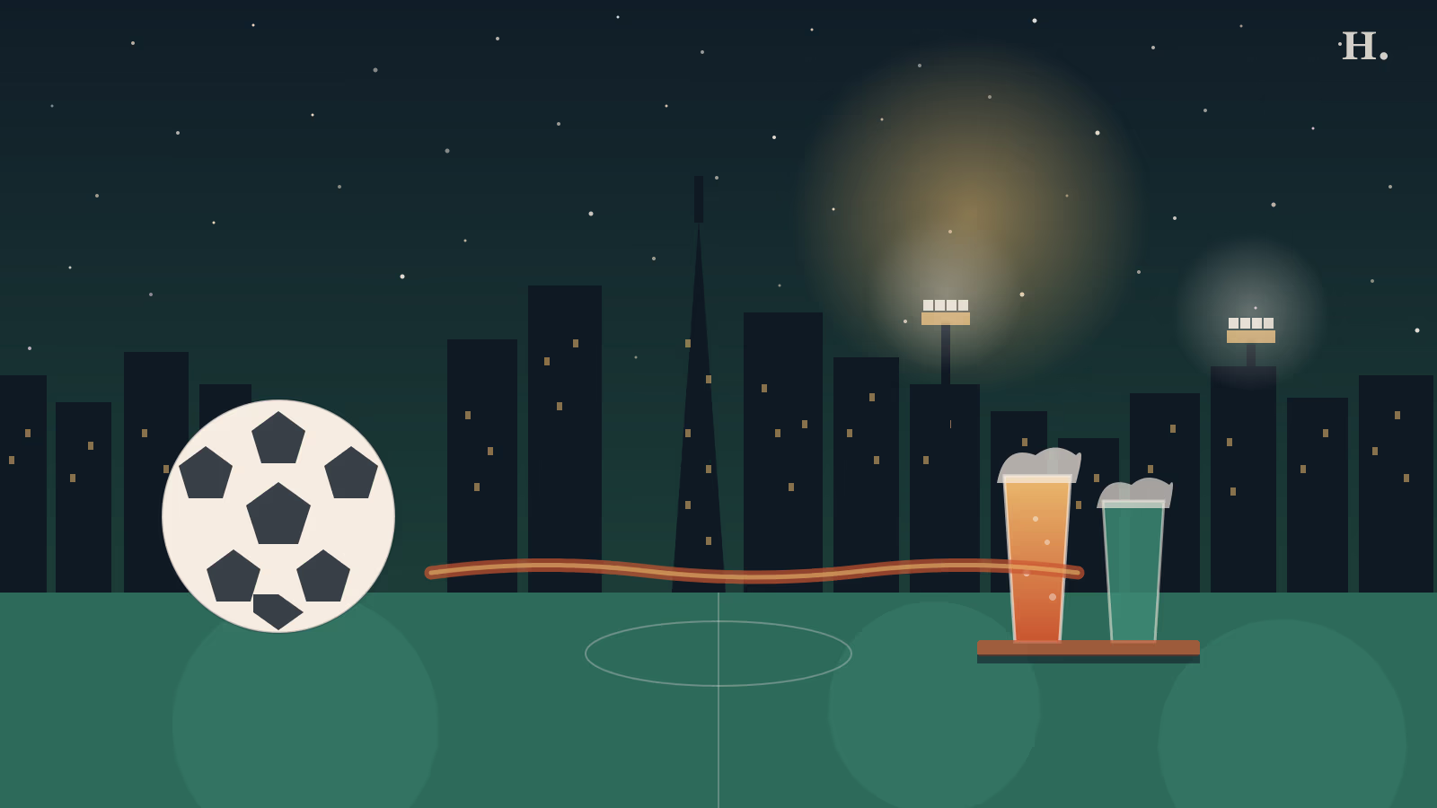 Soccer bars in Houston illustration: a soccer ball and pint glasses in front of the Houston skyline at night with stadium floodlights