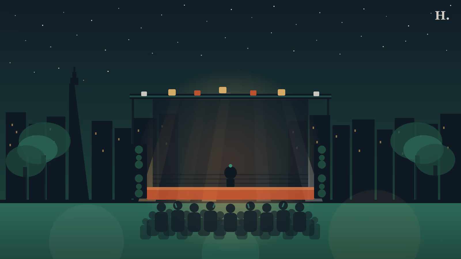 White Oak Music Hall Houston outdoor lawn stage at night with downtown skyline and stage lights above a crowd