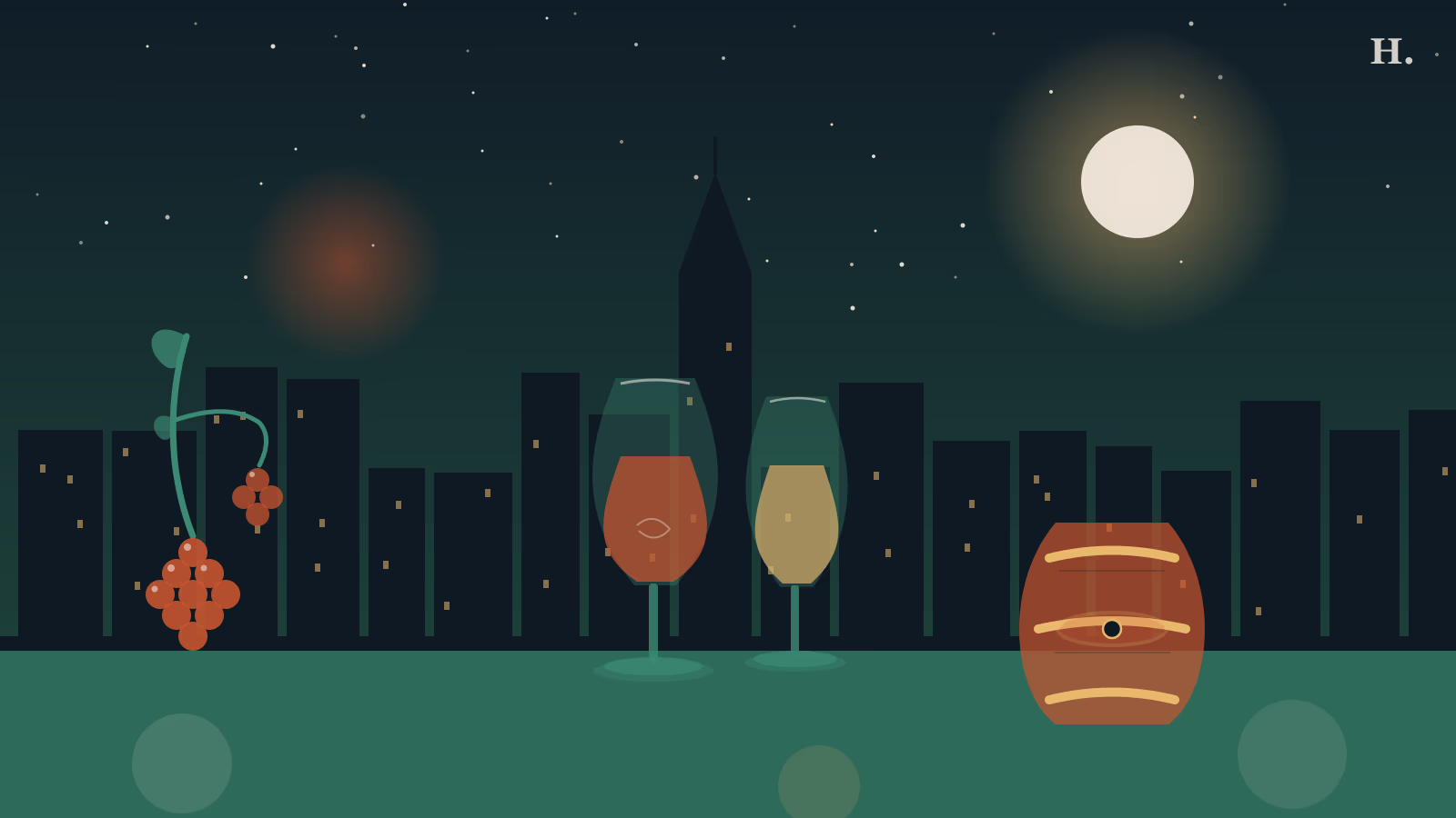 Two wine glasses and grape cluster against the Houston night skyline, wine tasting near Houston