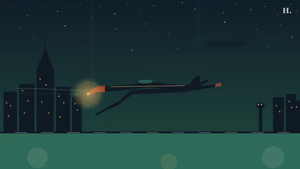 Wings Over Houston airshow illustration: WWII warbird over Ellington Field with Houston skyline at night